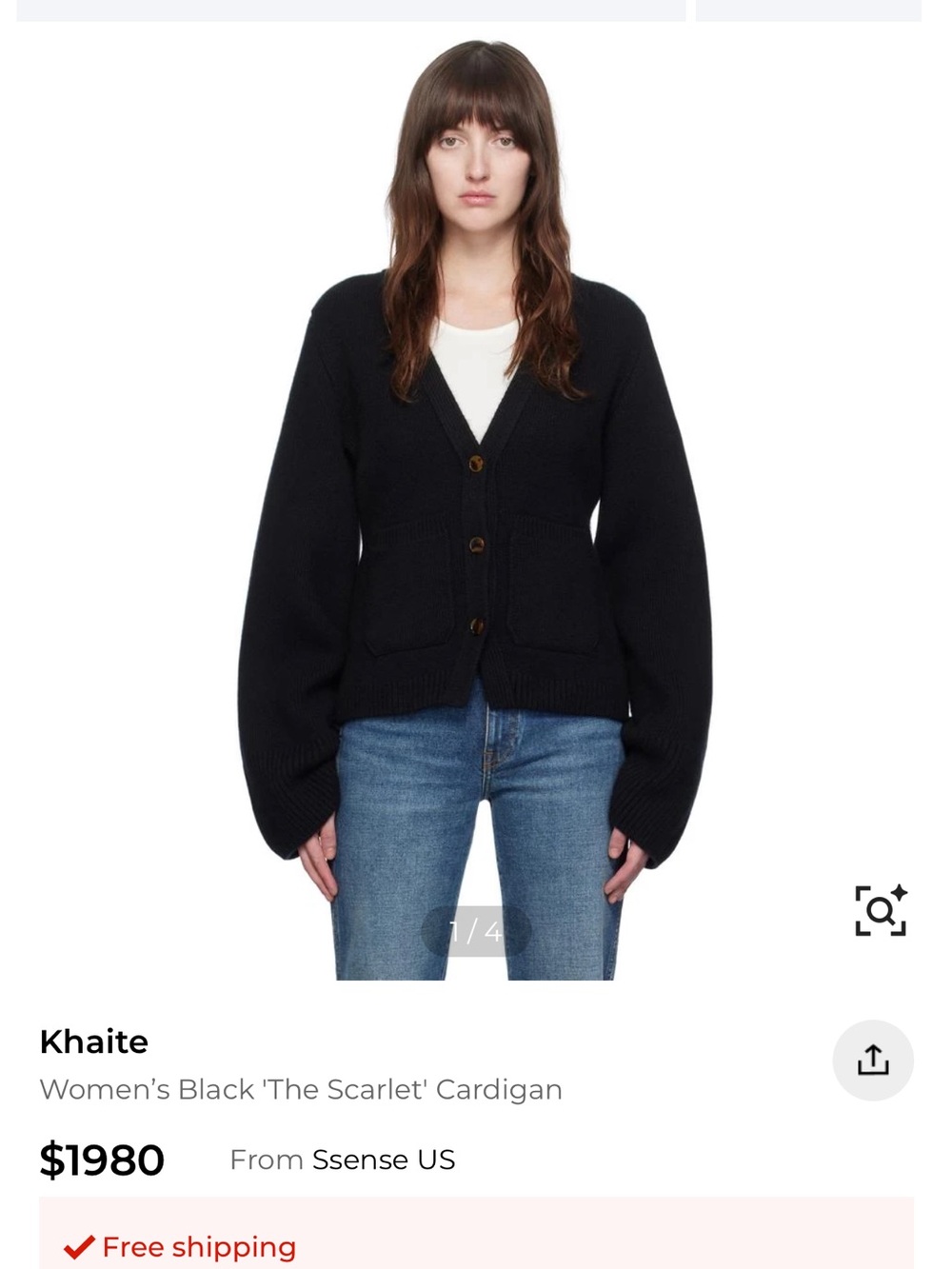 KHAITE Black V-Neck Button Front Cardigan